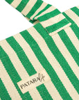 close up of green and white stripe beach tote bag