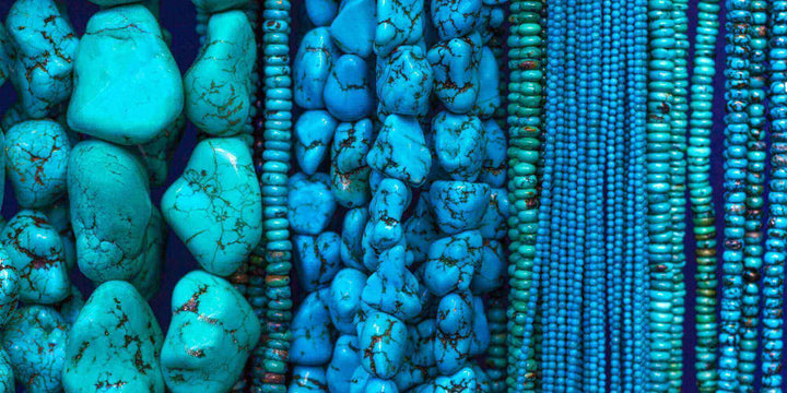 strands of blue and green colour turquoise stones and beads