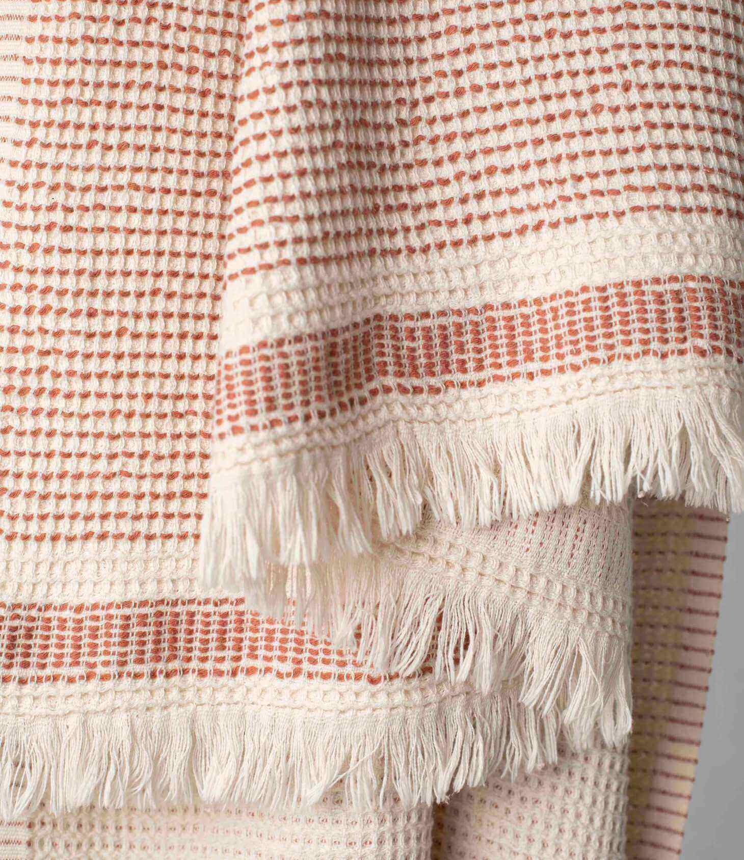 Detail of a luxurious Turkish Beach Towel showcasing intricate patterns and fringes.