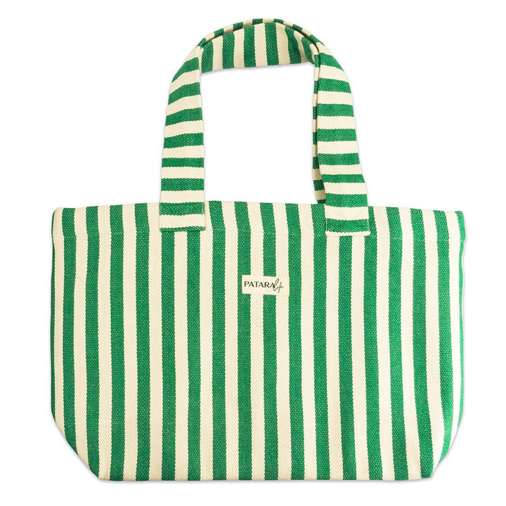 Green and white striped beach bag 