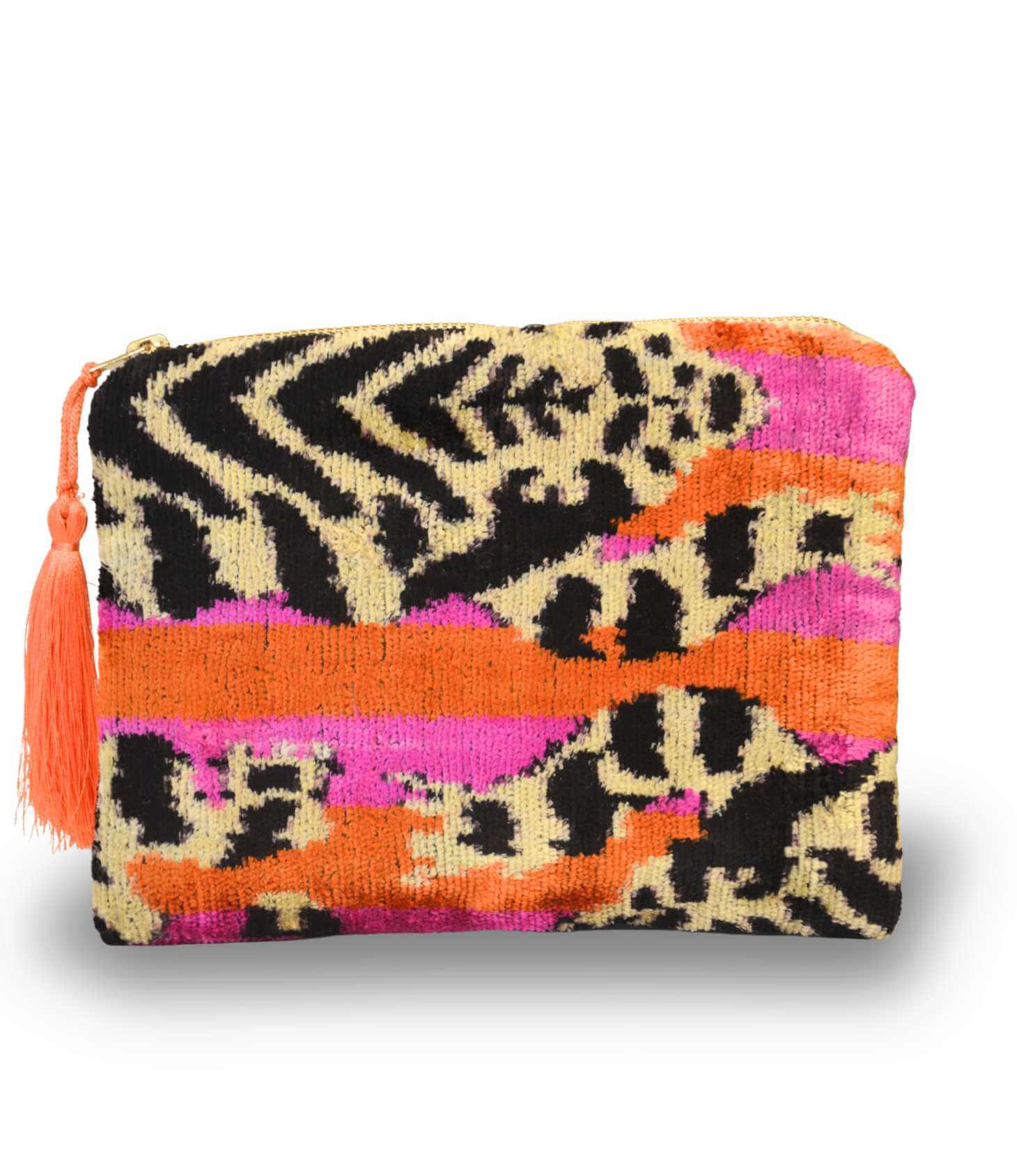 Colorful pouch with leopard print pattern on a white background