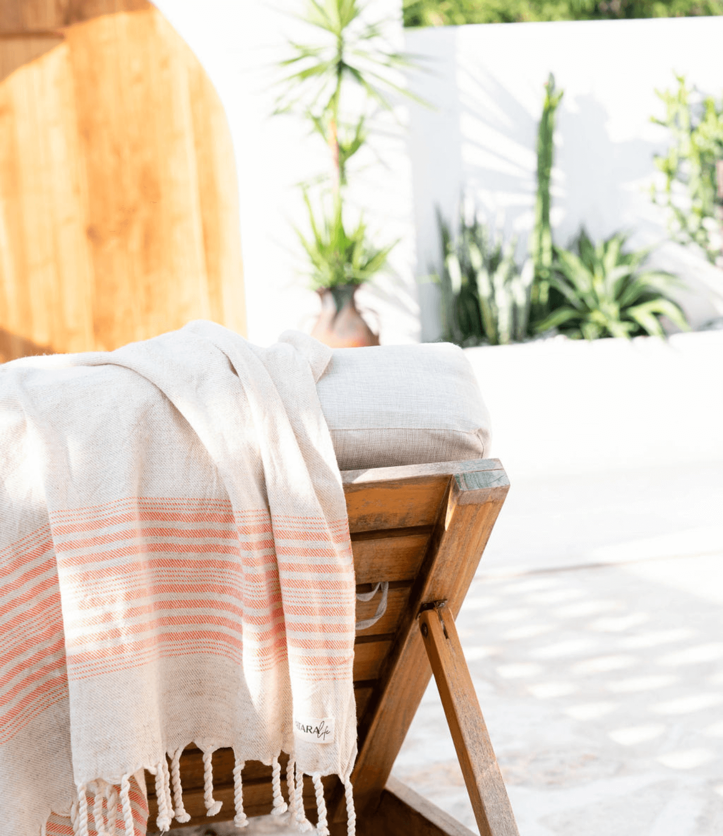 "Kas" Linen/Cotton peshtemal draped over sun lounge