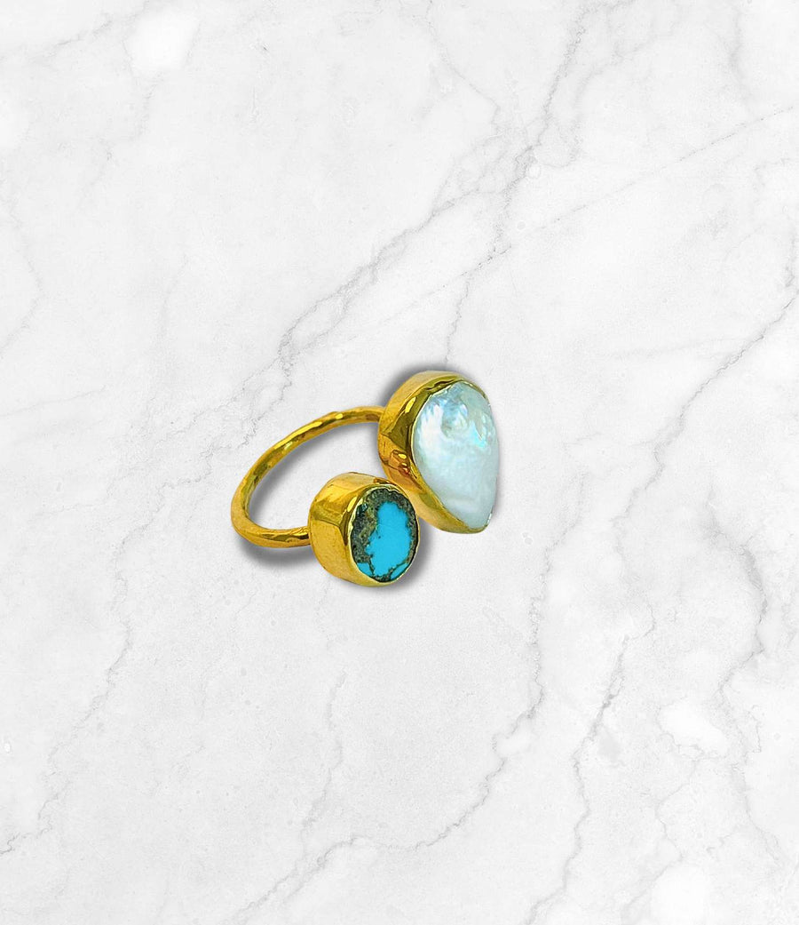 Gold Turquoise and Pearl Ring