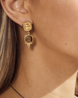 Gold earrings worn by a person with a neutral background