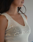 Kastamonu Soft Layer Top – Crochet V-Neck featuring an open-weave crochet V-neckline in organic cotton.