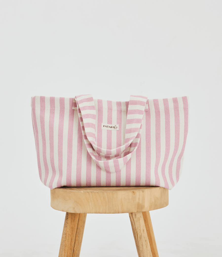 Herringbone woven linen tote bag in Color: Light Pink stripe