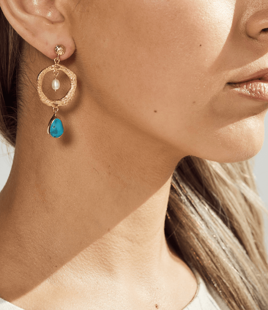 Turquoise sphere drop earrings featuring gold, pearl, and turquoise stones, elegant and refined design for everyday or special occasions.