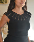 Kastamonu Soft Layer Top – Crochet Yoke featuring crochet lace yoke, boat neckline, and cap sleeves in black.