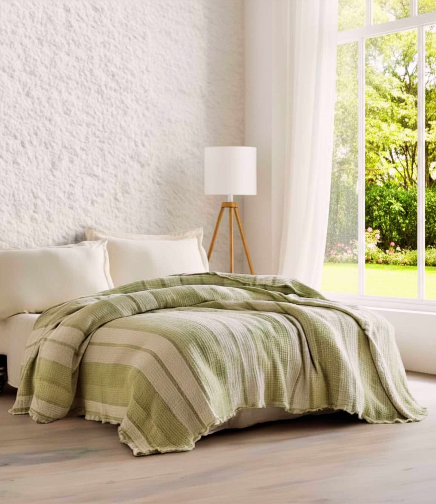 Green striped blanket on a bed in a bright bedroom with large windows.