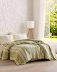 Green striped blanket on a bed in a bright bedroom with large windows.