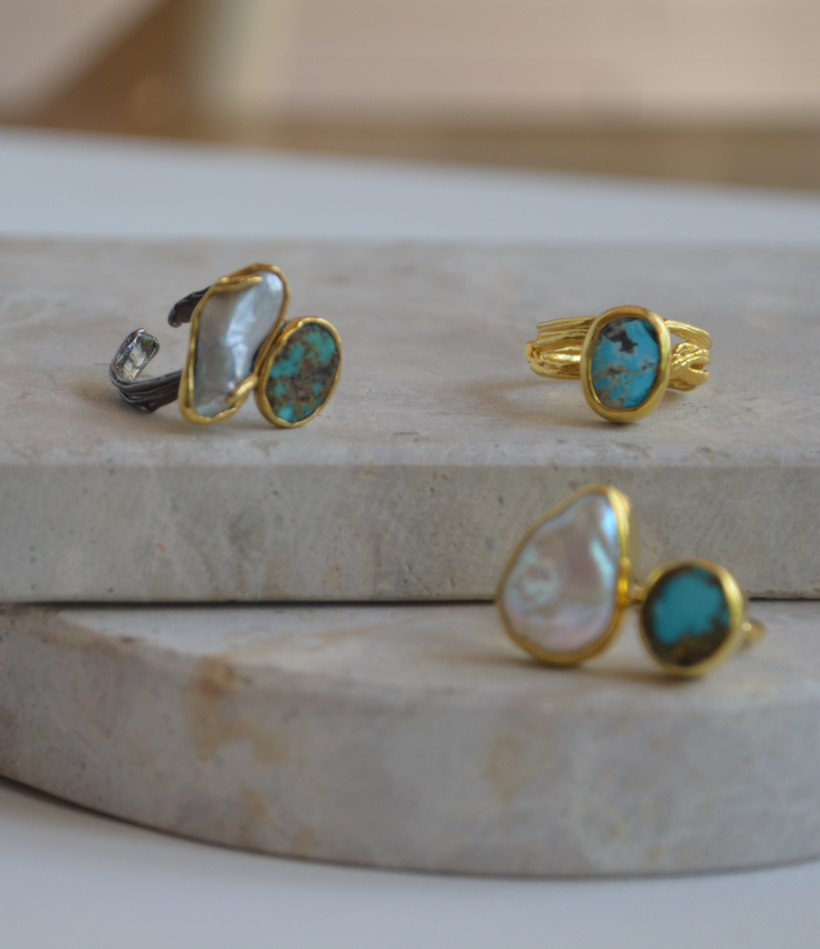 Gold Turquoise and Pearl Ring