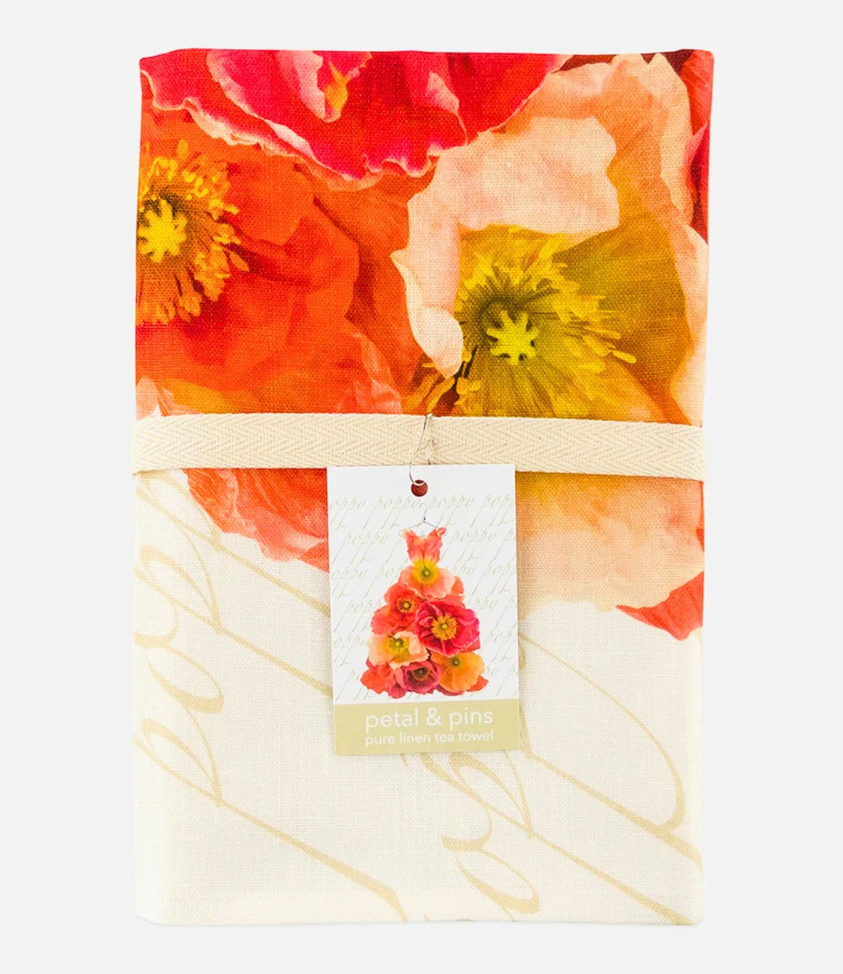 Cream Hydrangea Gown linen tea towel folded with Petal &amp; Pins gift tag