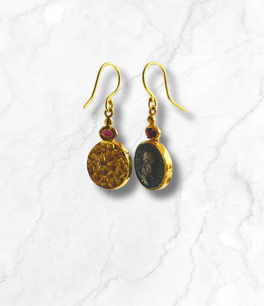 Coin and Garnet Earrings