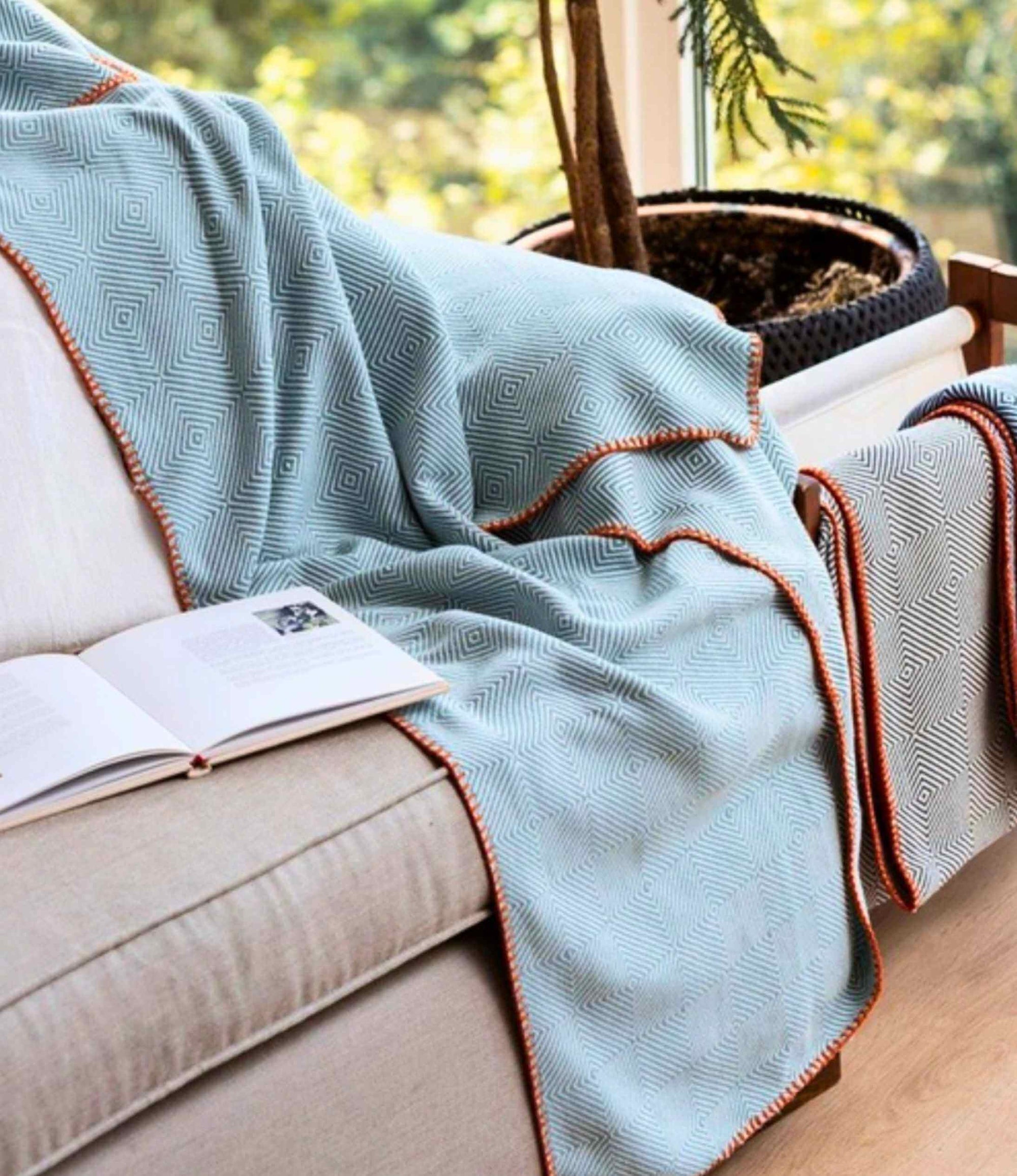 Light blue textured blanket draped over a beige sofa with an open book and a plant in the background.