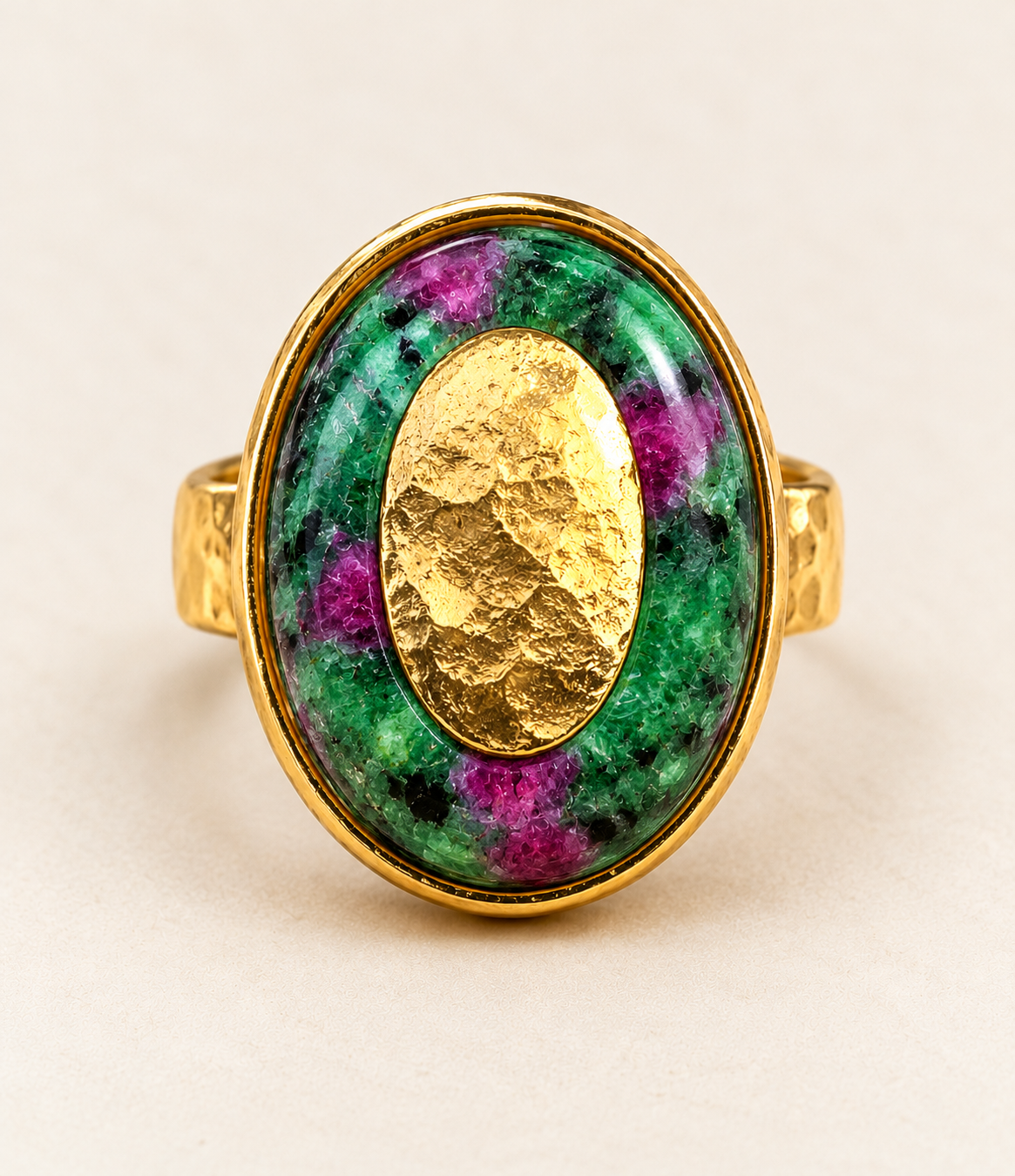 Terra Gemstone Statement Ring in Ruby in Zoisite with sculptural hammered gold centre