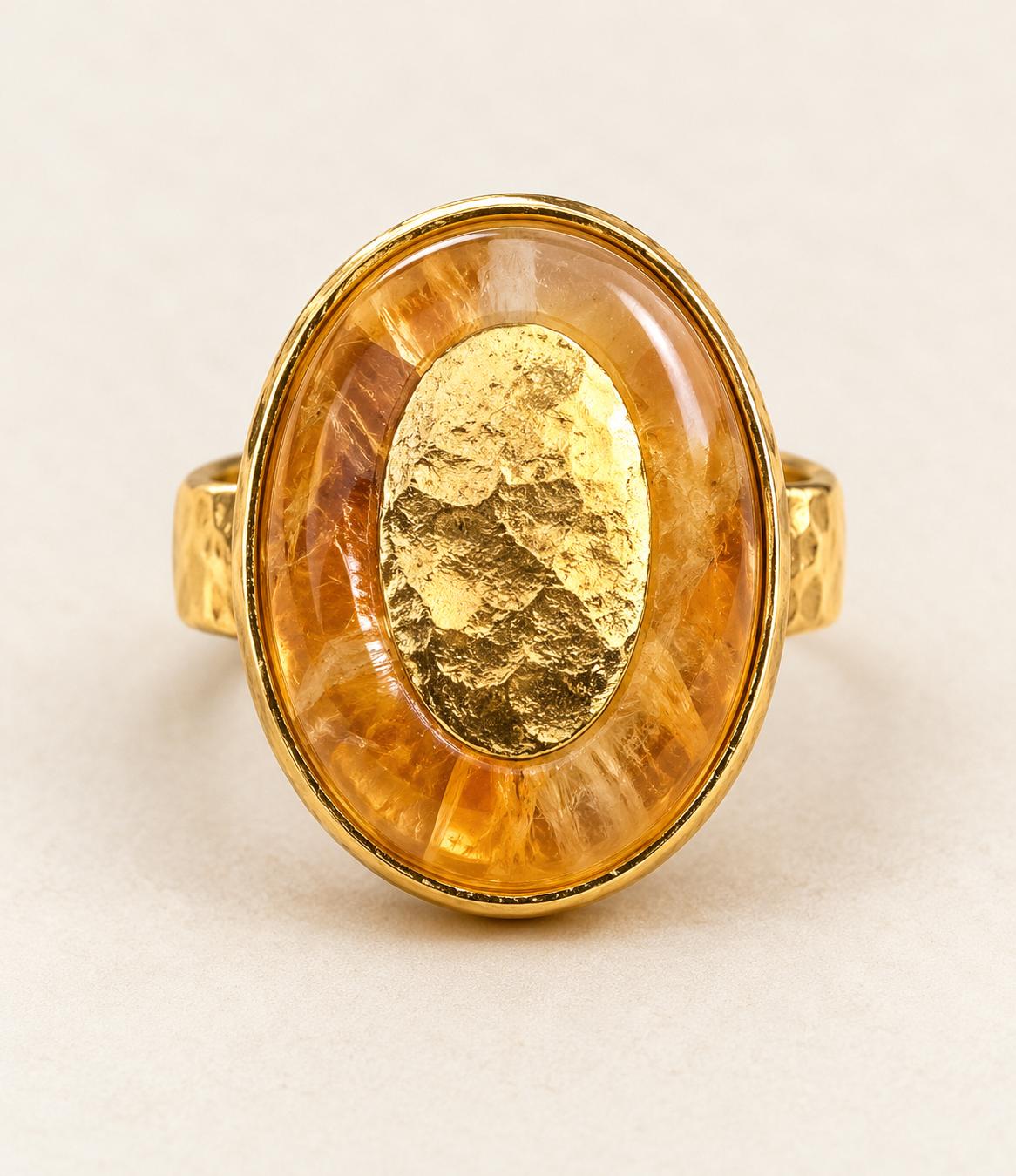 Terra Gemstone Statement Ring in golden Citrine with sculptural hammered gold centre
