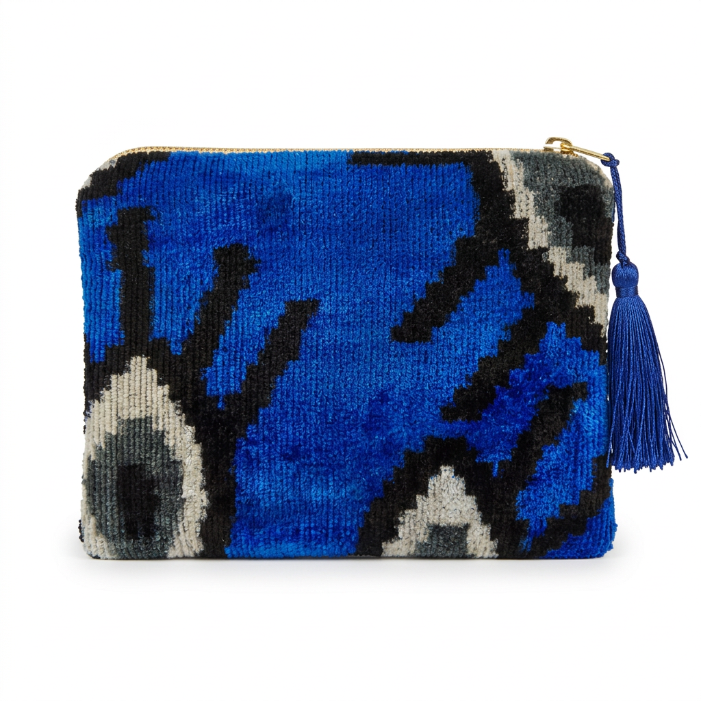 Cobalt blue, black and ivory IKAT velvet pouch with a blue tassel on a white background