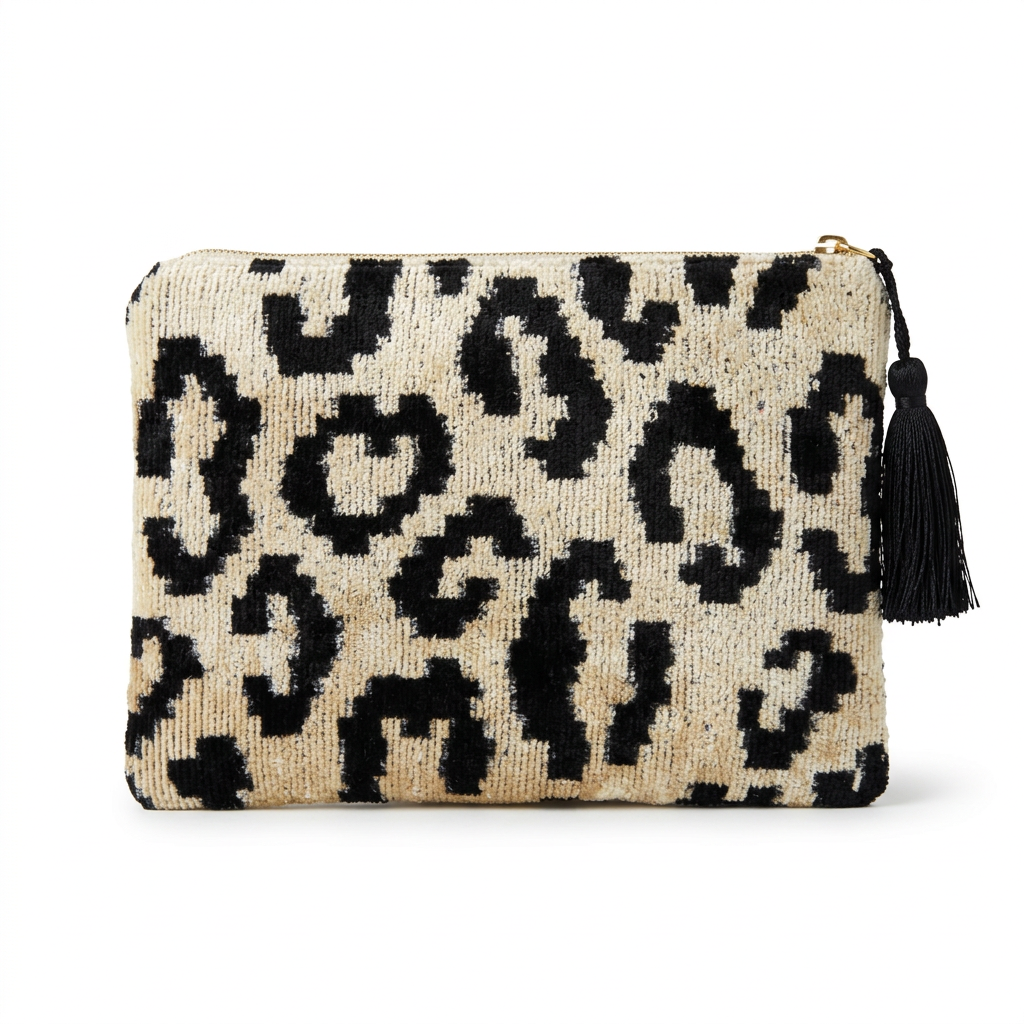 Ivory and black leopard-pattern IKAT velvet pouch with a black tassel