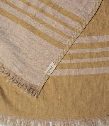 Close up of a mustard yellow linen & cotton premium throw layed flat