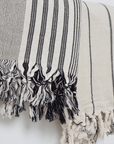 Two premium linen "Kekova" Turkish towels. One in Beige with black stripes and Black & Beige stripe